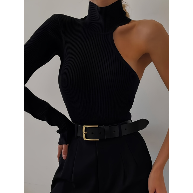 Winter Clothing For Women - Düz Asimetrik Tek Omuzlu Nervürlü Örgü